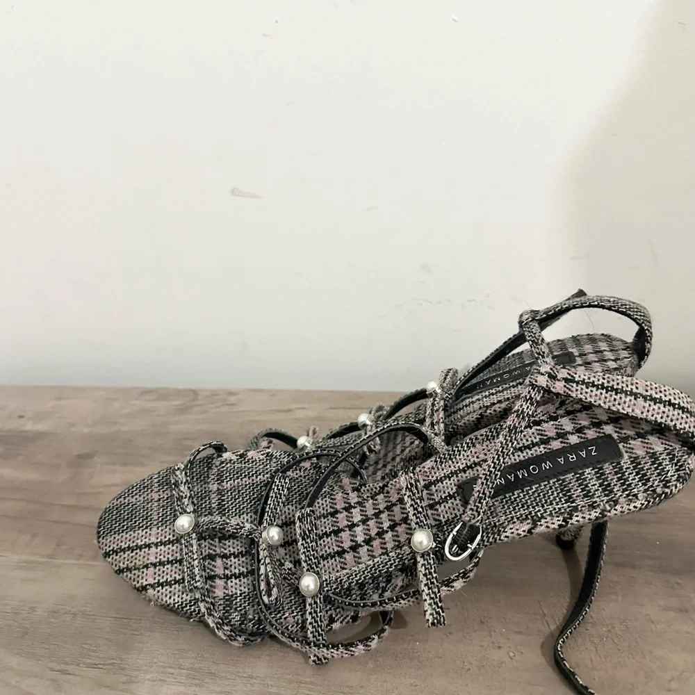 ZARA Fashion Checked Purple Black Pearl Heels size 40 bows preppy 9.5